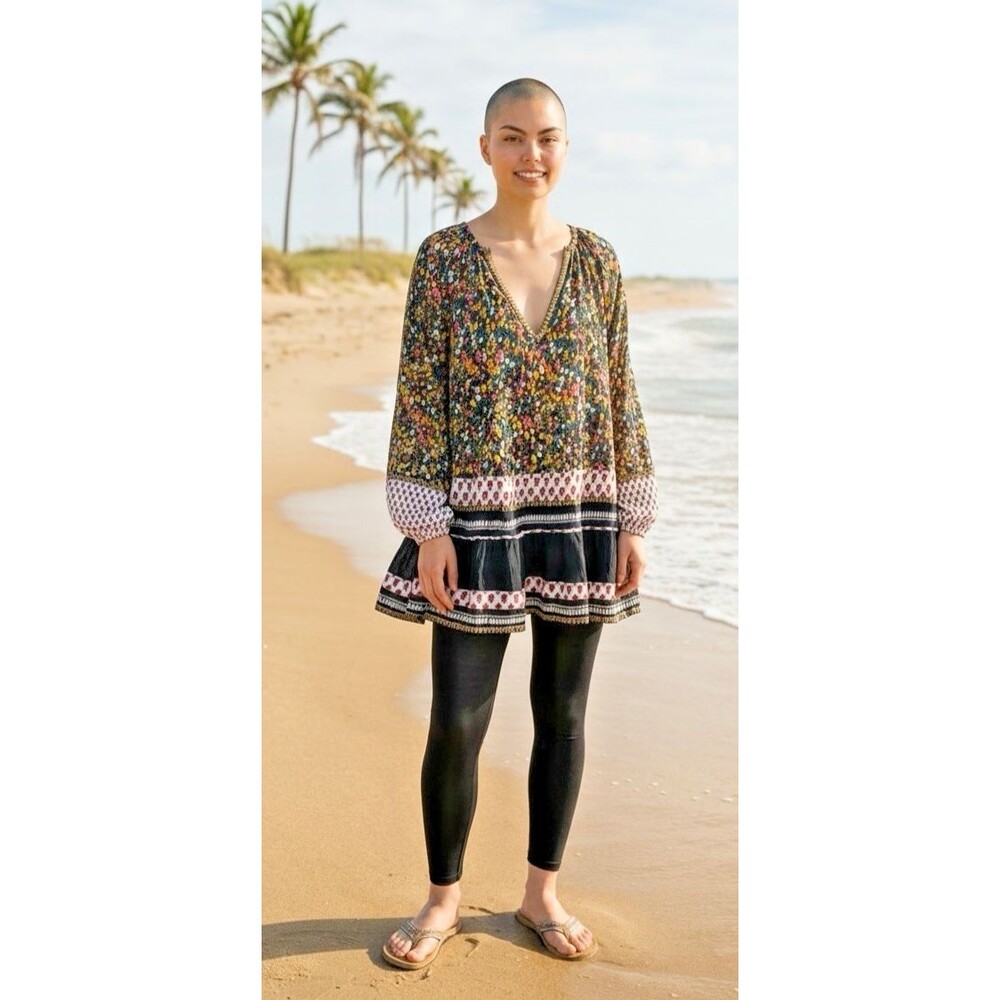 Free People NEW balloon sleeve v-neck metallic accents sequin peasant Small